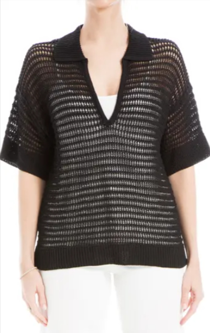 Max Studio Women's V-Neck Black Knit Polo Sweater Size XS Oversized